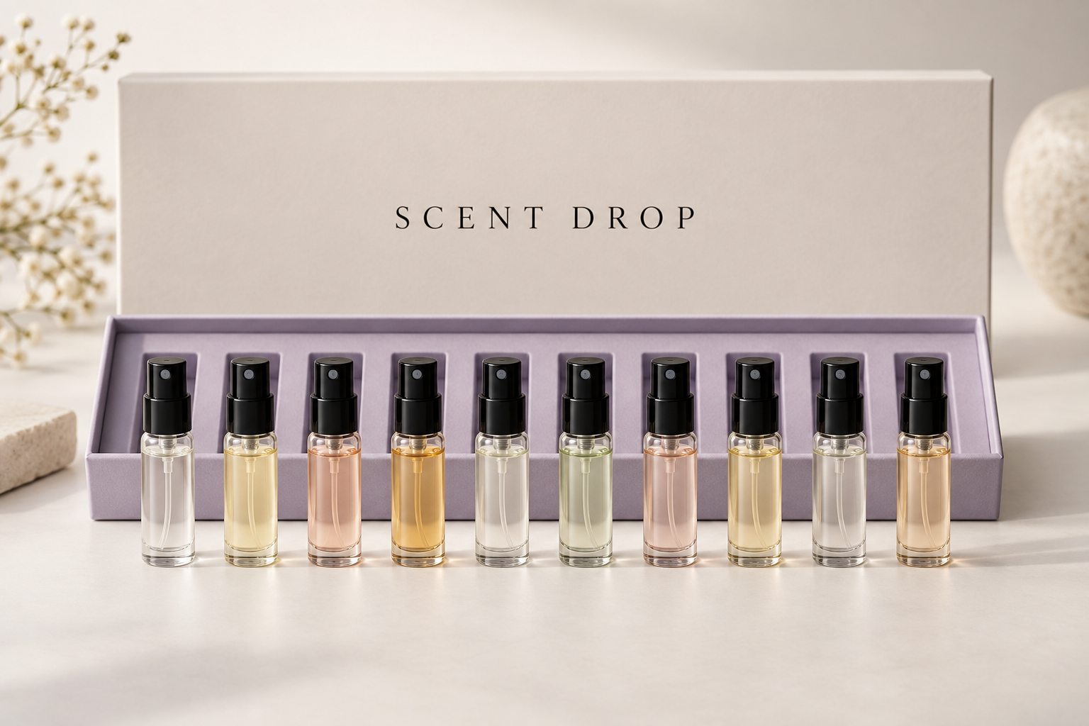 Concept presentation box with ten 2ml fragrance spray vials